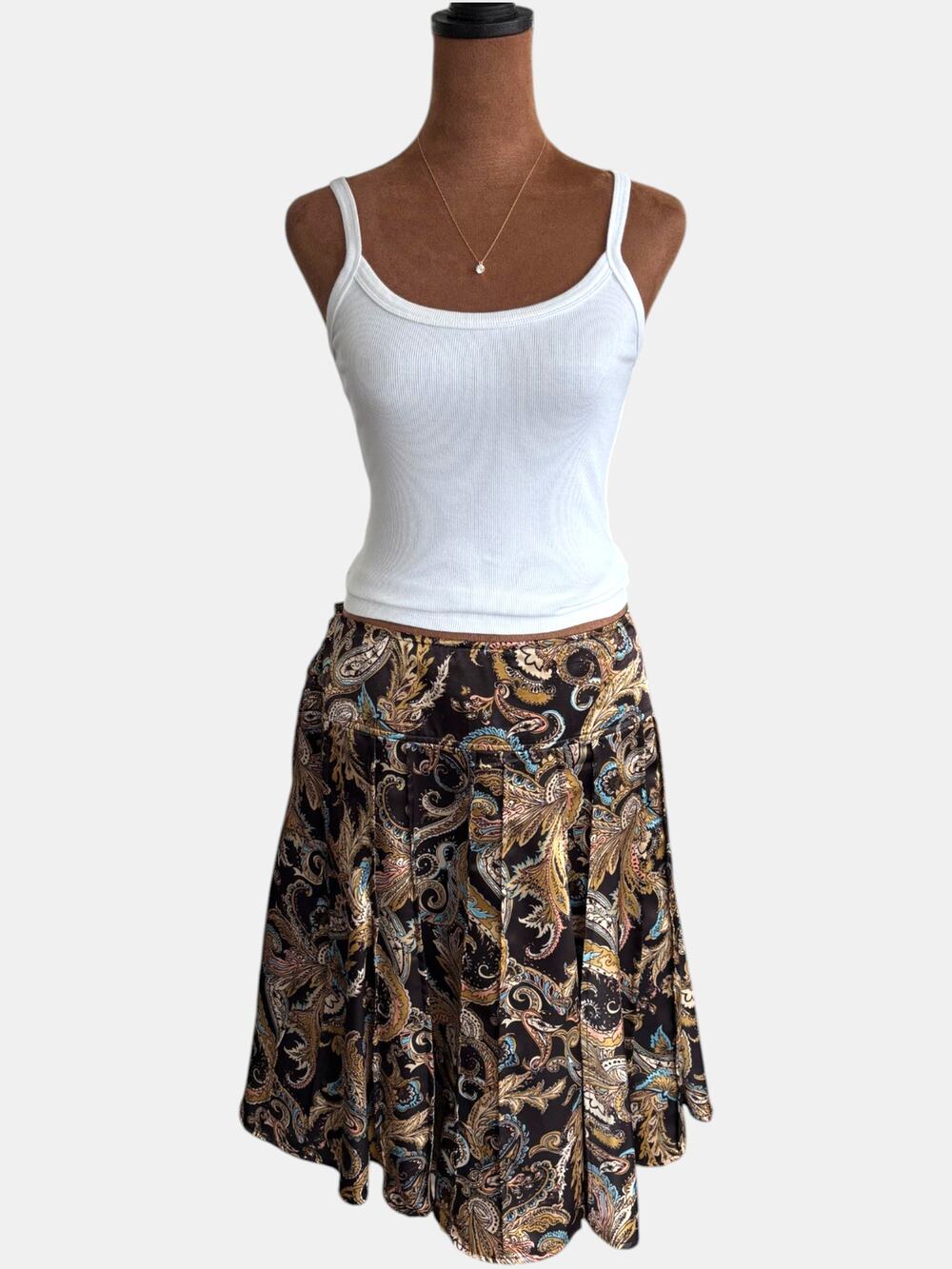 90s Vintage Worthington Paisley Satin Midi Skirt Pleated Brown Gold Glam Size 14